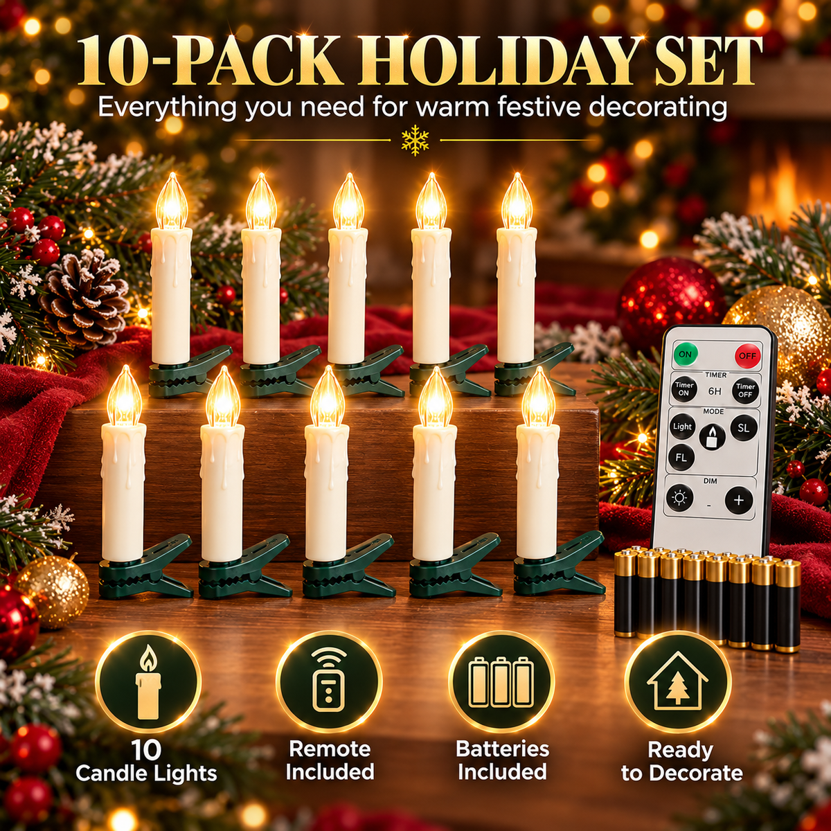 10-Pack Flameless Christmas Candle Clip Lights