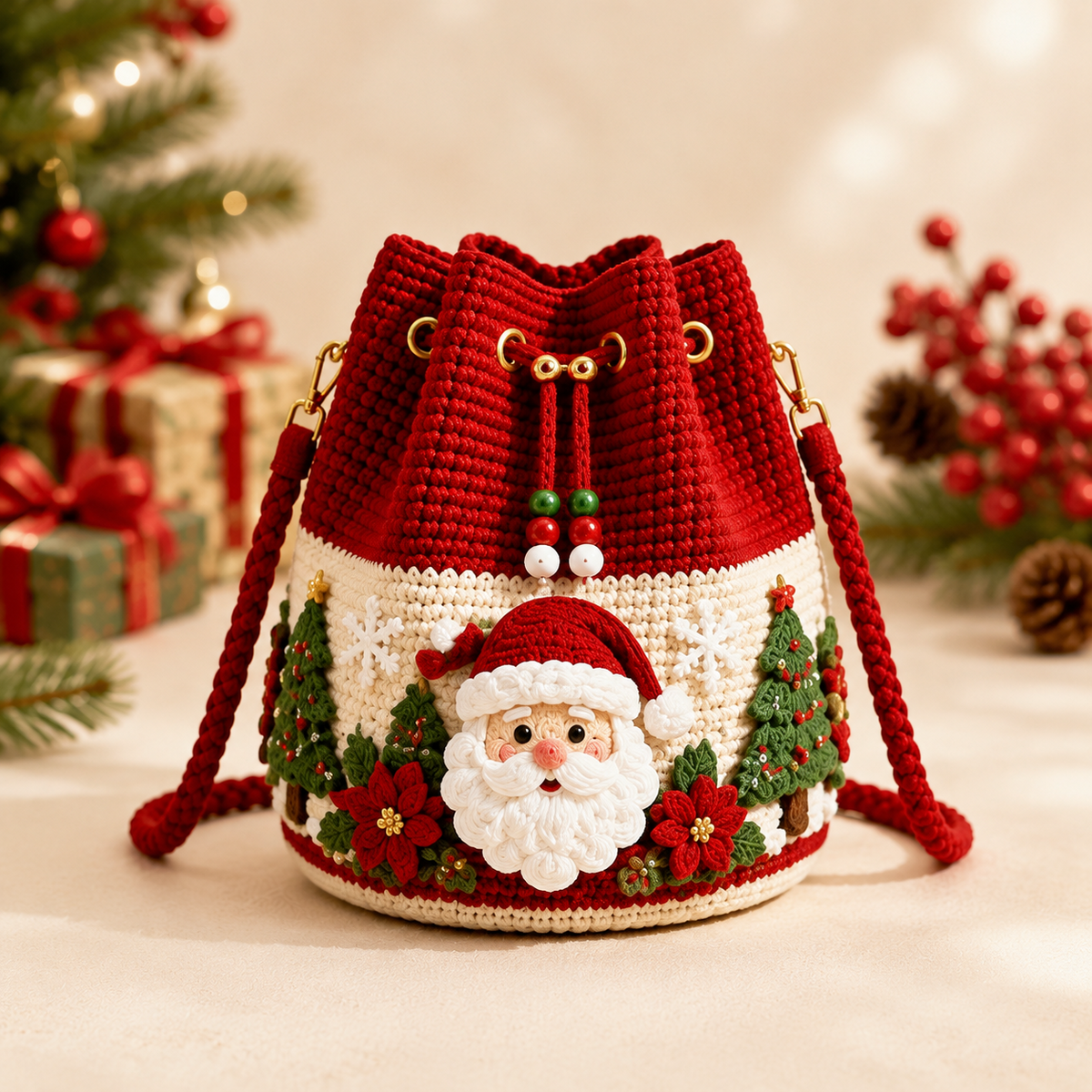 πHand-Knitted Christmas Crochet Bucket Bag in 4 Festive Styles for Women π