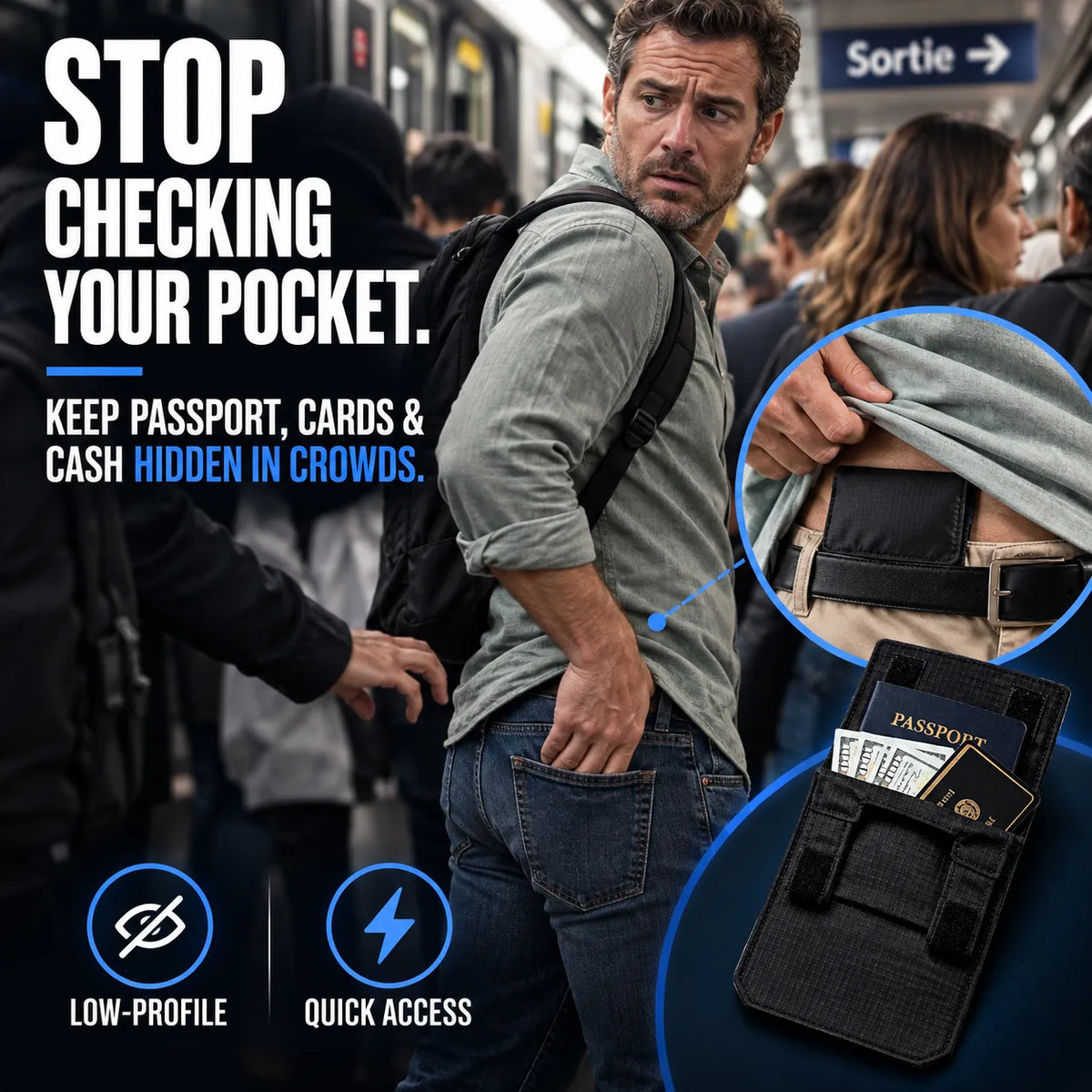 RFID Blocking Hidden Waist Wallet for Travel
