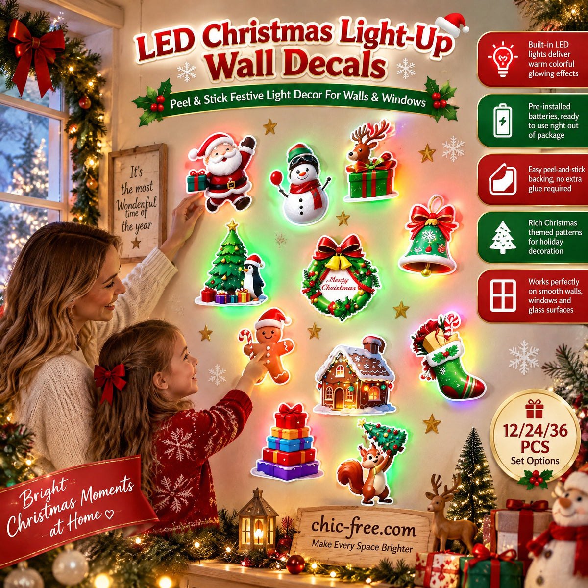 LED Christmas Light-Up Wall Decals – built-in LED, pre-installed batteries