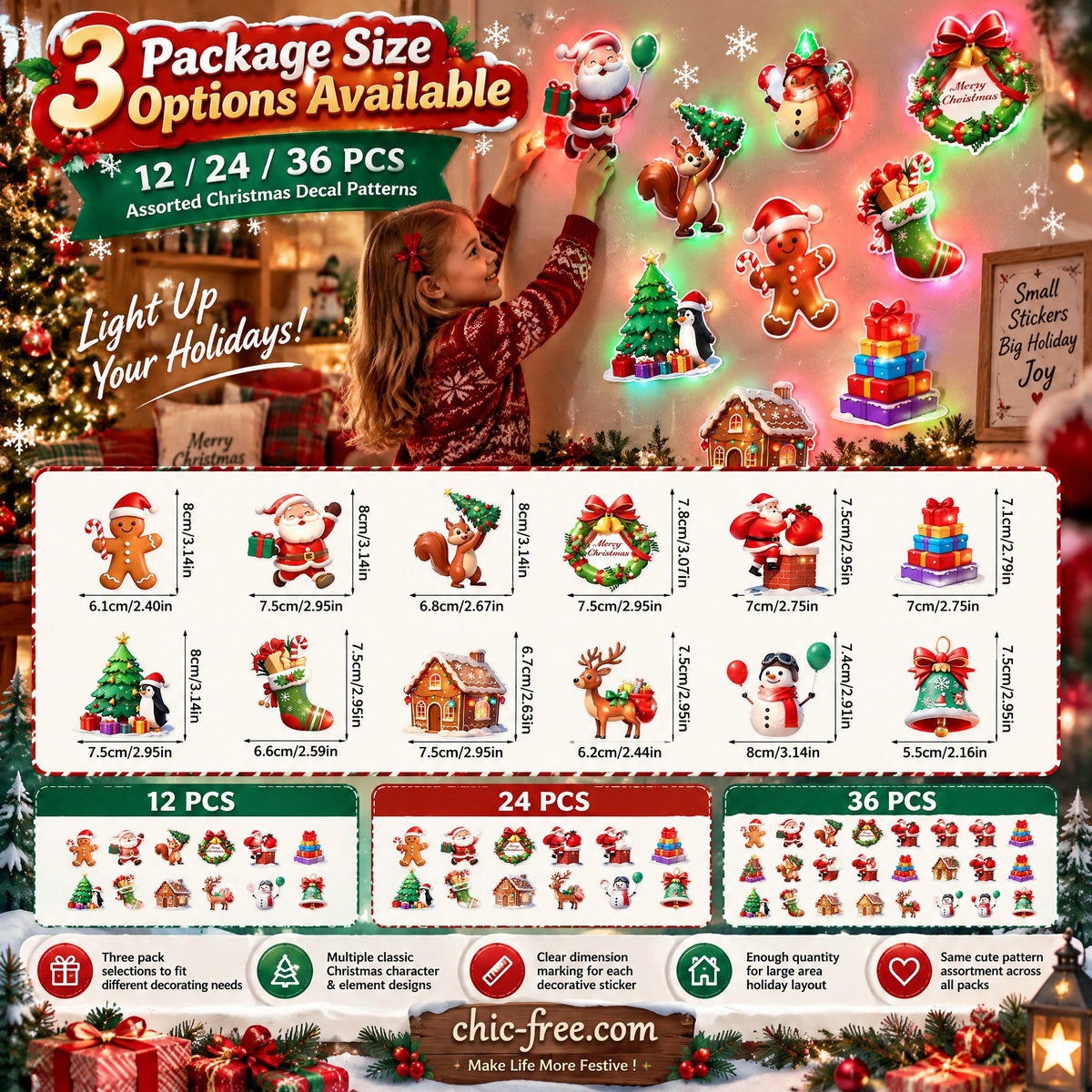 LED Christmas Light-Up Wall Decals – built-in LED, pre-installed batteries
