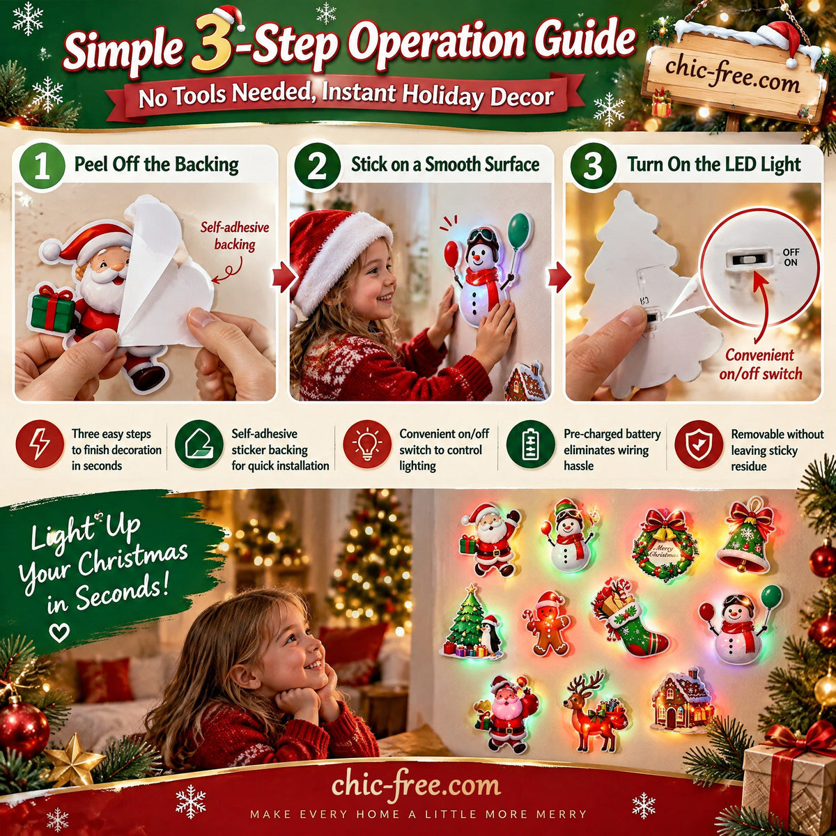 LED Christmas Light-Up Wall Decals – built-in LED, pre-installed batteries