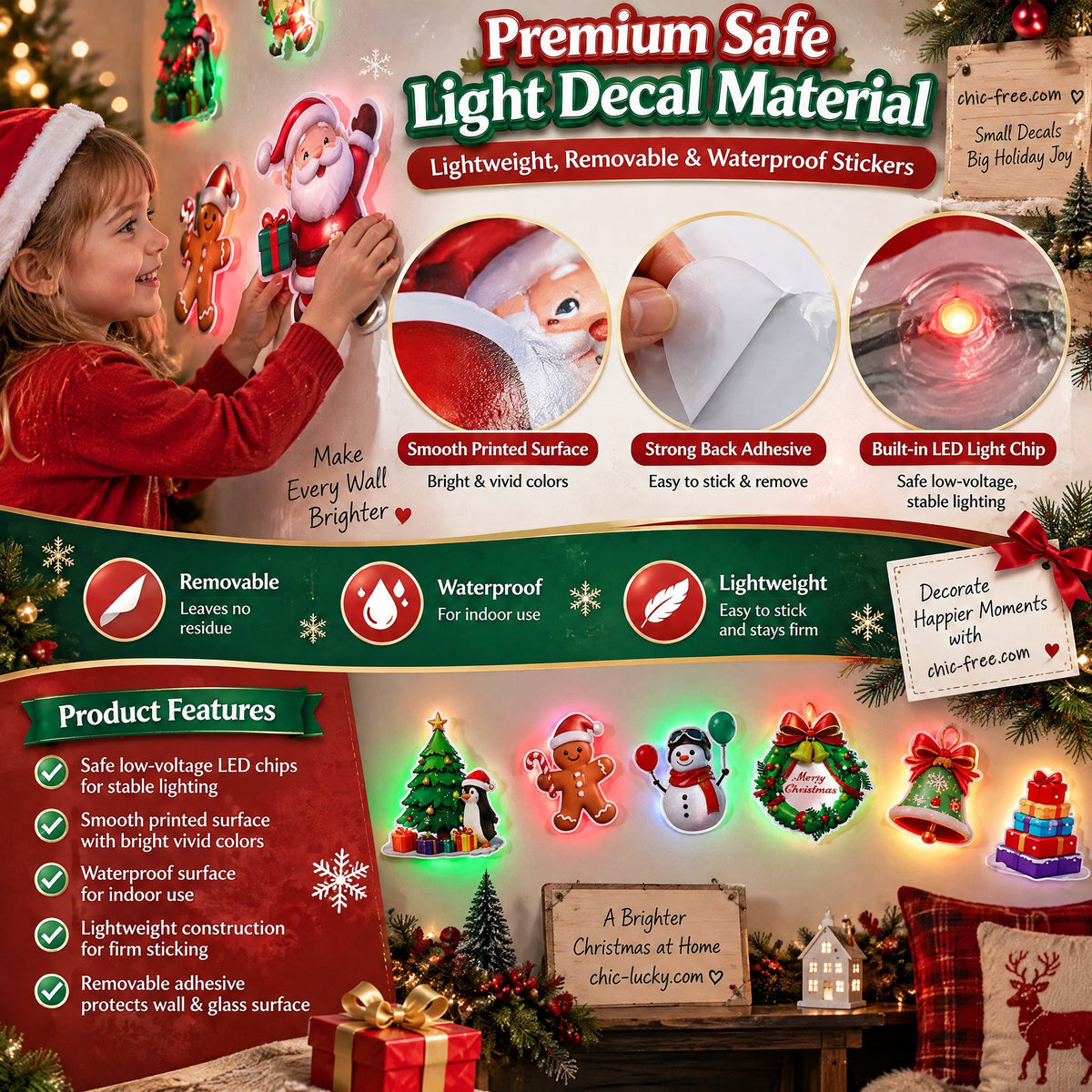 LED Christmas Light-Up Wall Decals – built-in LED, pre-installed batteries