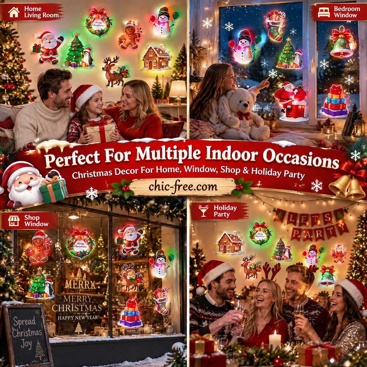 LED Christmas Light-Up Wall Decals – built-in LED, pre-installed batteries