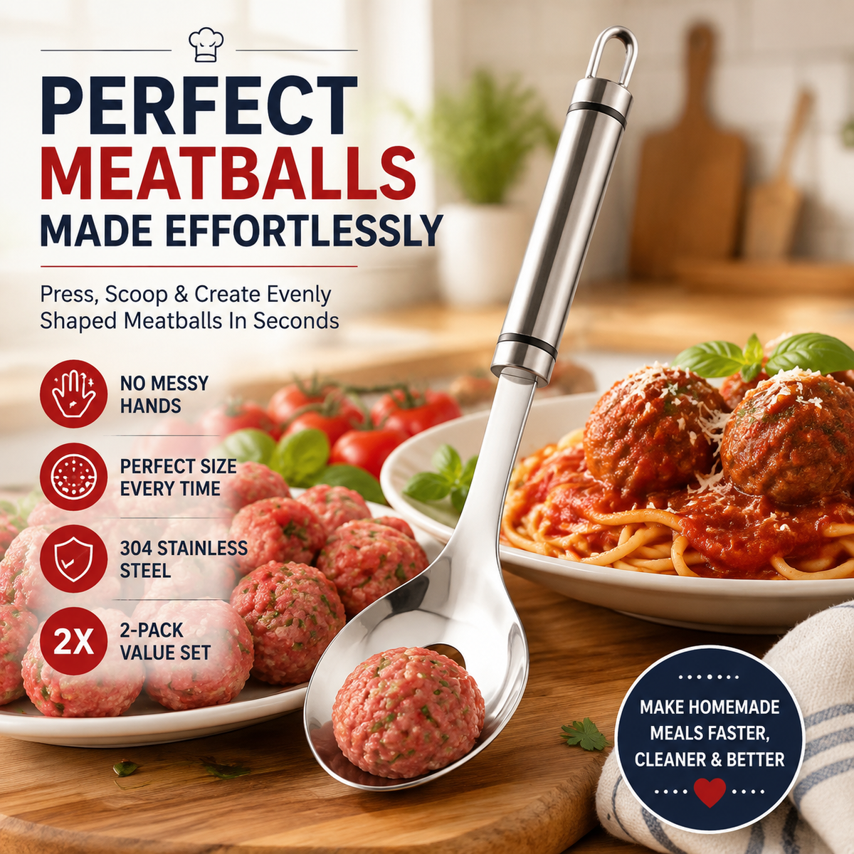 🍝 304 Stainless Steel Meatball Maker Spoon Set – Press & Scoop