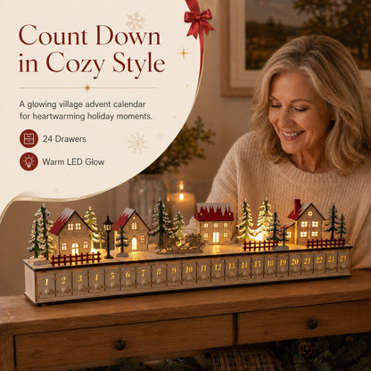🎄 Wooden Village Advent Calendar with LED Lights — 100% Natural Polished Wood 🏠(32.68 × 7.09 × 3.54 in)