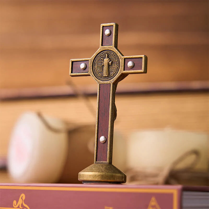 European Classical Traditional Wood Inlaid Alloy St. Benedict Cross Ornament