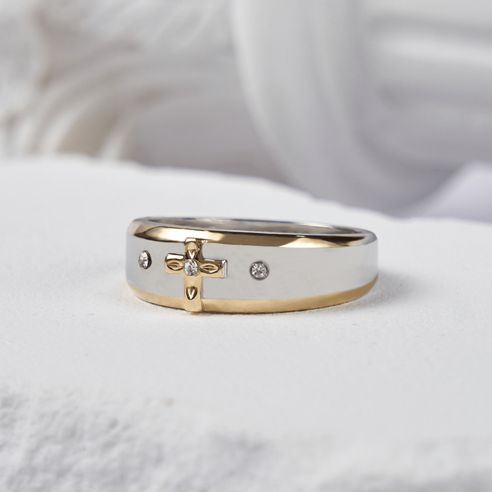 Modern Style Two-tone Gold Cross Alloy Ring(Made in Holy Land)