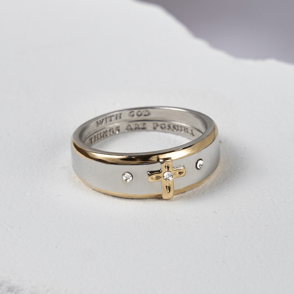 Modern Style Two-tone Gold Cross Alloy Ring(Made in Holy Land)
