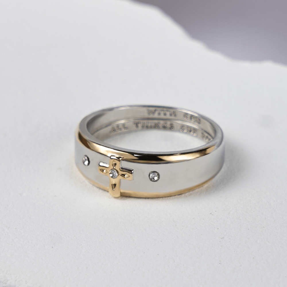 Modern Style Two-tone Gold Cross Alloy Ring(Made in Holy Land)