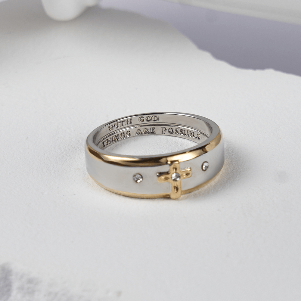Modern Style Two-tone Gold Cross Alloy Ring(Made in Holy Land)