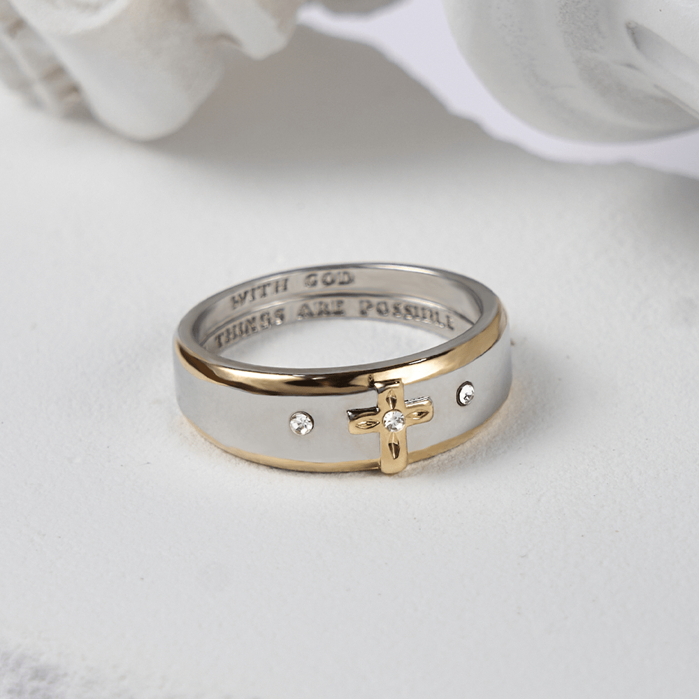 Modern Style Two-tone Gold Cross Alloy Ring(Made in Holy Land)