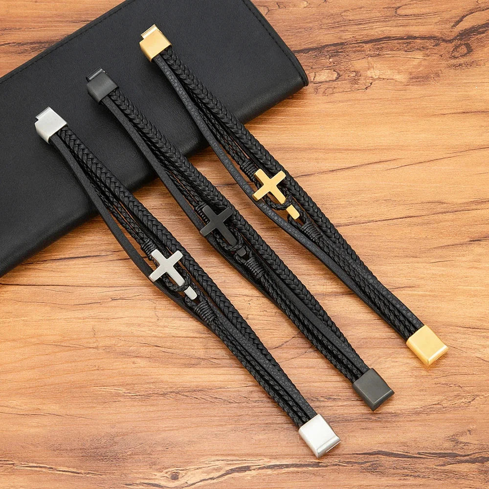 Tri - Color Stainless Steel Cross & Braided Leather Fashion Bracelet