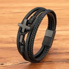 Tri - Color Stainless Steel Cross & Braided Leather Fashion Bracelet