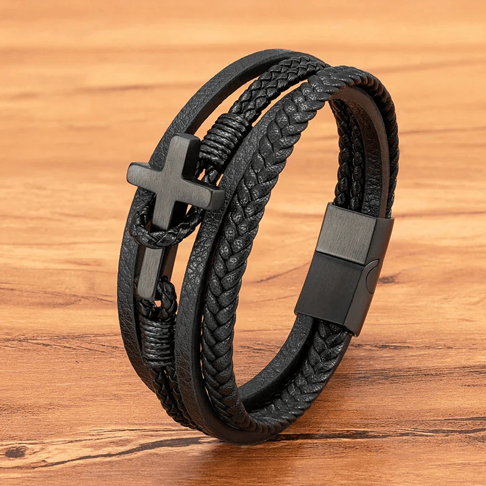 Tri - Color Stainless Steel Cross & Braided Leather Fashion Bracelet