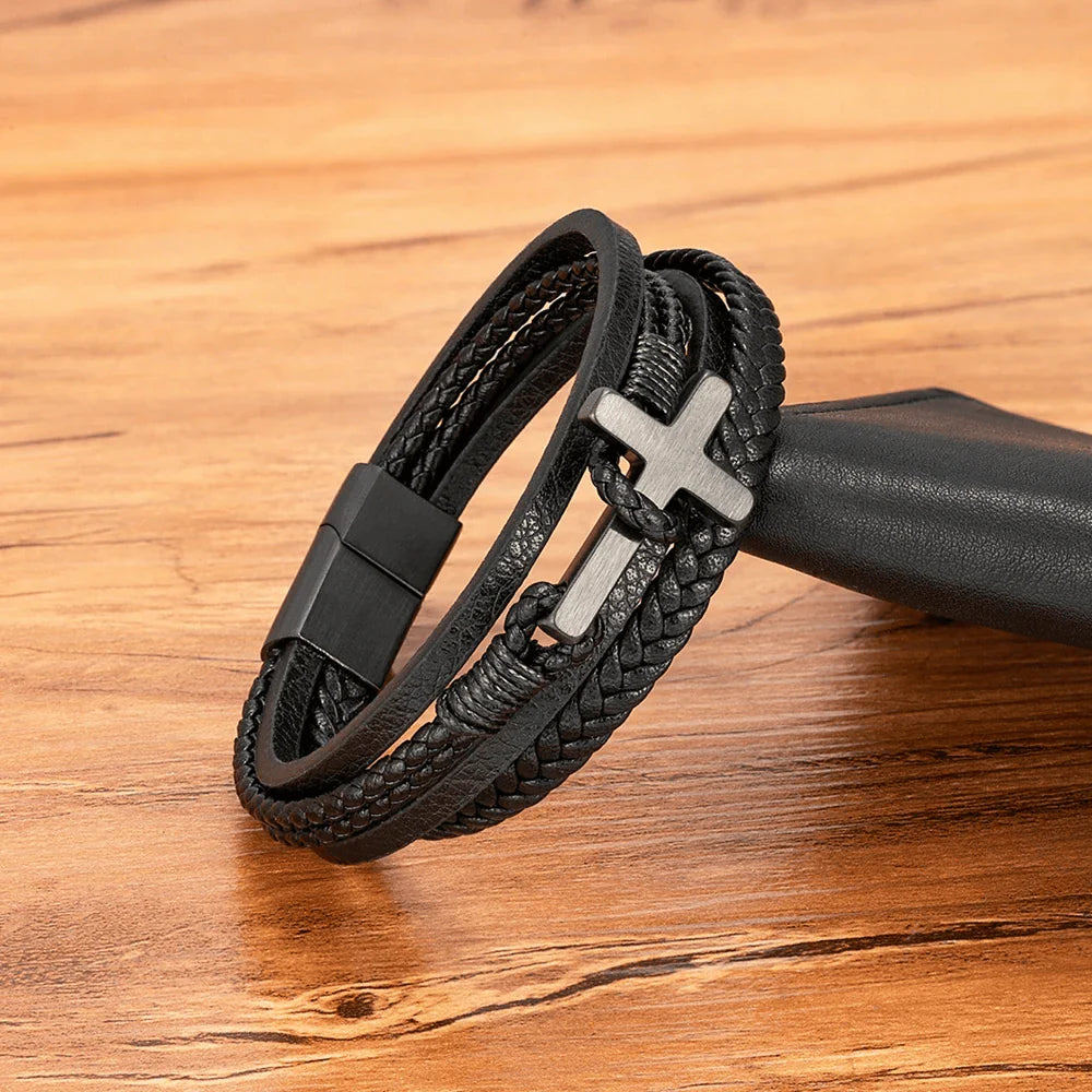 Tri - Color Stainless Steel Cross & Braided Leather Fashion Bracelet