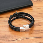 Tri - Color Stainless Steel Cross & Braided Leather Fashion Bracelet