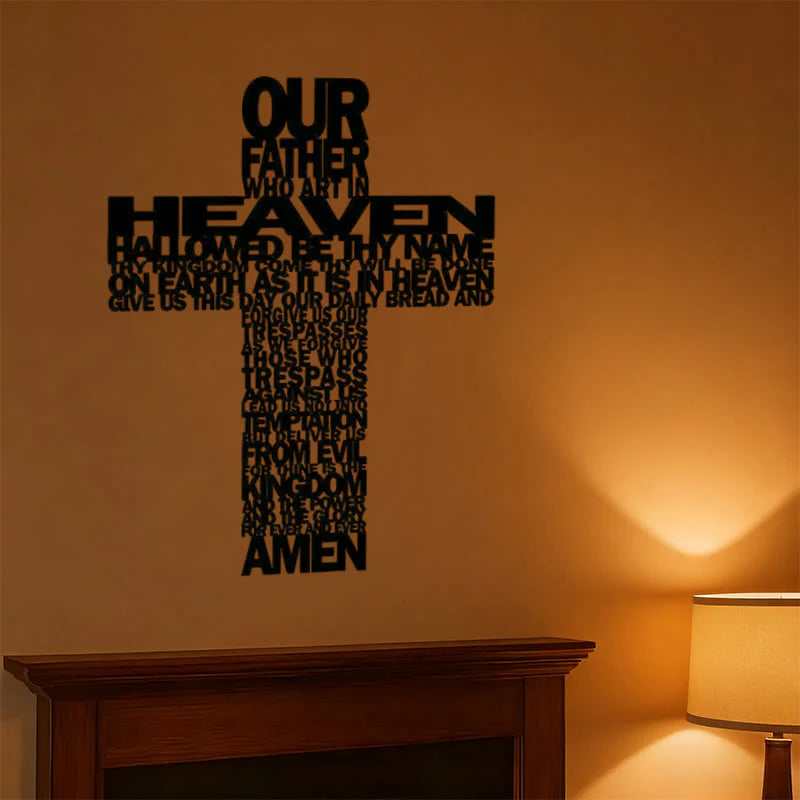 Textured Lord's Prayer Cross Metal Wall Decor with Biblical Phrases