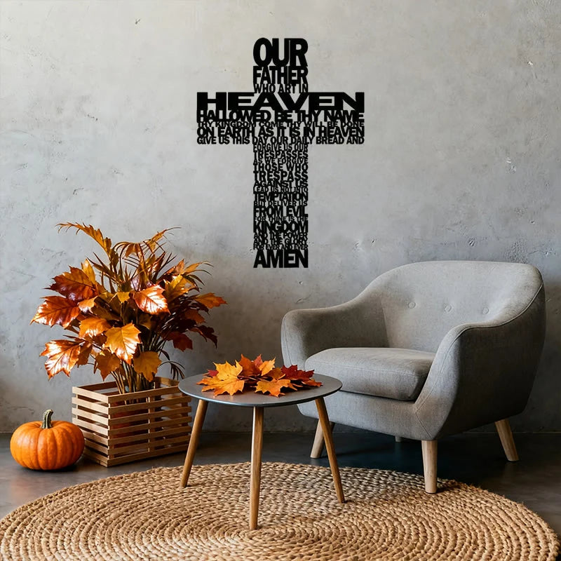 Textured Lord's Prayer Cross Metal Wall Decor with Biblical Phrases