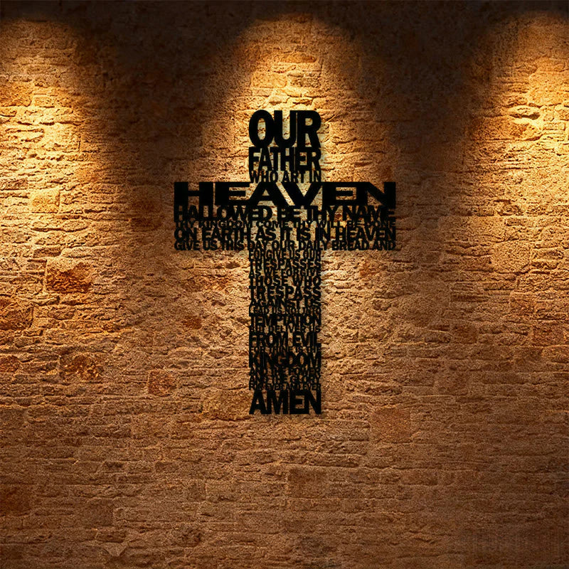 Textured Lord's Prayer Cross Metal Wall Decor with Biblical Phrases