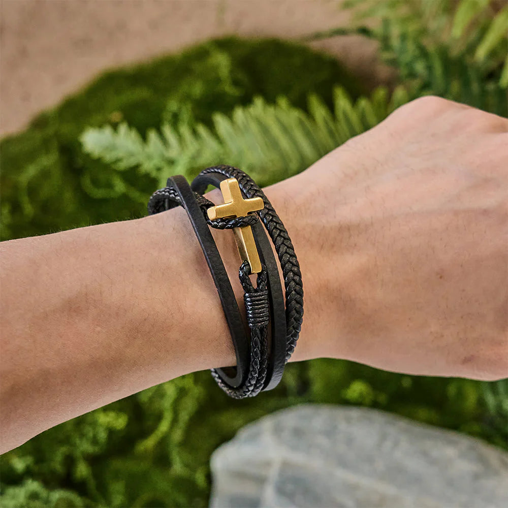 Tri - Color Stainless Steel Cross & Braided Leather Fashion Bracelet