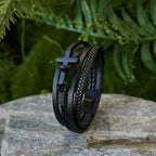 Tri - Color Stainless Steel Cross & Braided Leather Fashion Bracelet