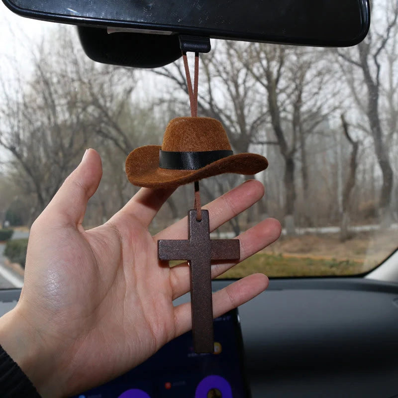Cowboy Hat & Cross Car Pendant: Steadfast Faith for the Open Road
