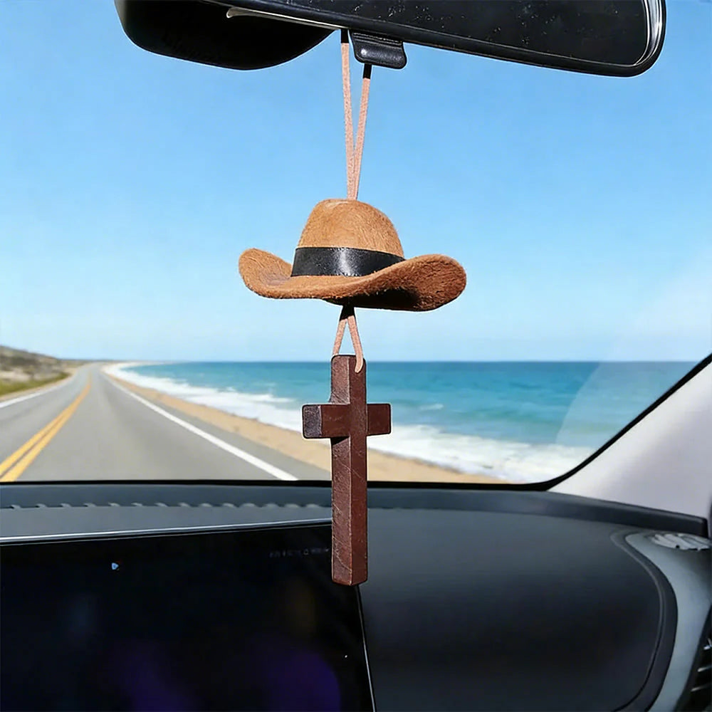 Cowboy Hat & Cross Car Pendant: Steadfast Faith for the Open Road