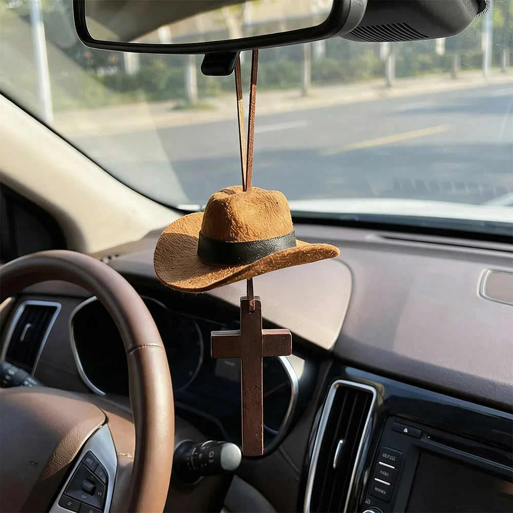 Cowboy Hat & Cross Car Pendant: Steadfast Faith for the Open Road