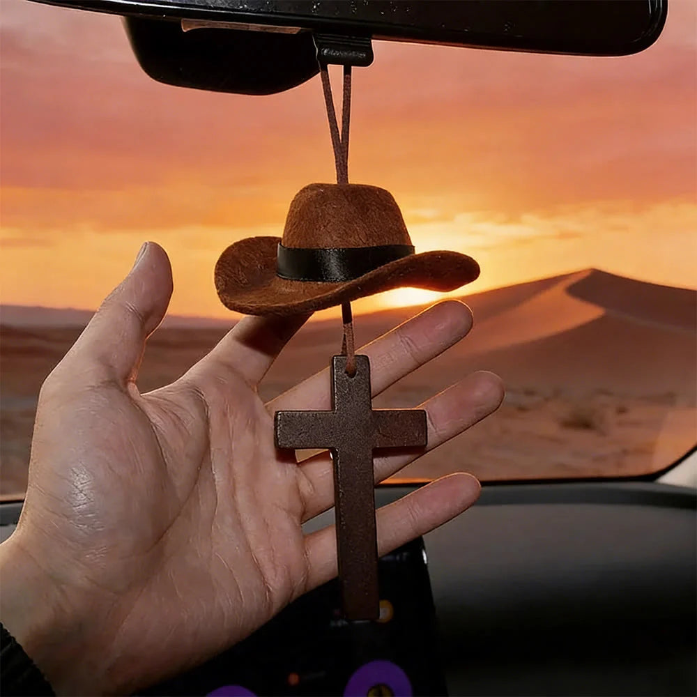 Cowboy Hat & Cross Car Pendant: Steadfast Faith for the Open Road