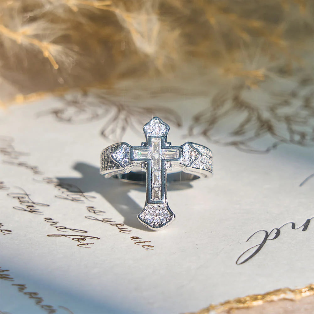 Central Cross Motif Ring with Cubic Zirconia Accents: Carry His Care in Daily Wear