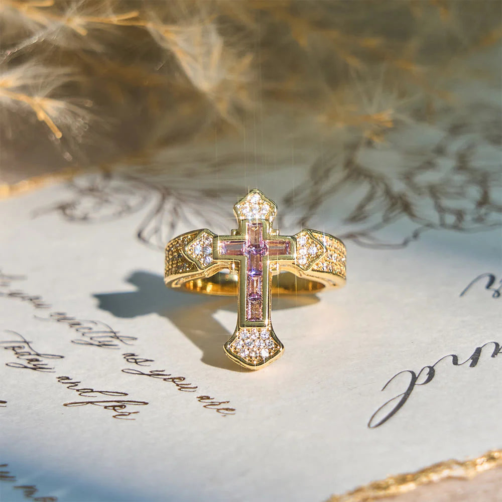 Central Cross Motif Ring with Cubic Zirconia Accents: Carry His Care in Daily Wear