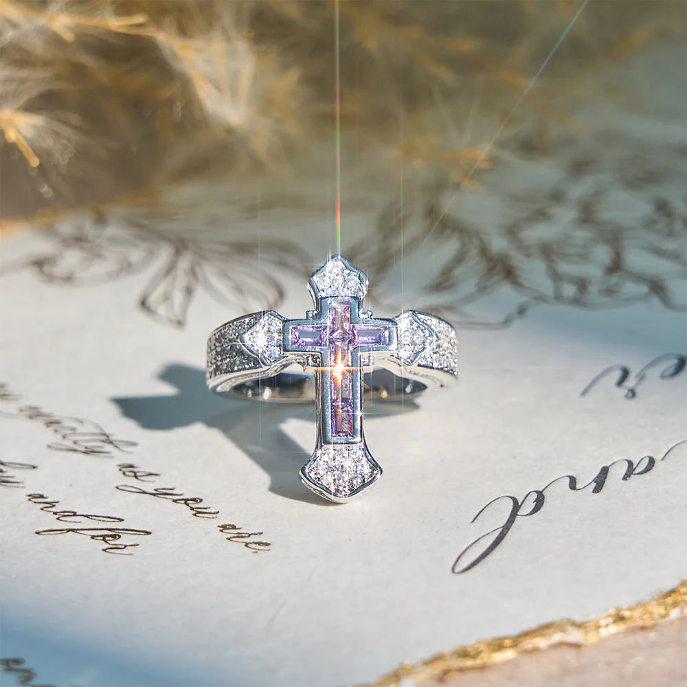 Central Cross Motif Ring with Cubic Zirconia Accents: Carry His Care in Daily Wear