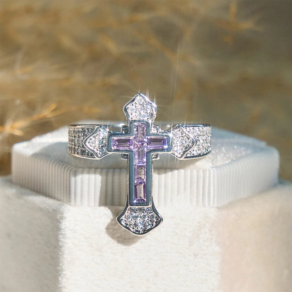 Central Cross Motif Ring with Cubic Zirconia Accents: Carry His Care in Daily Wear