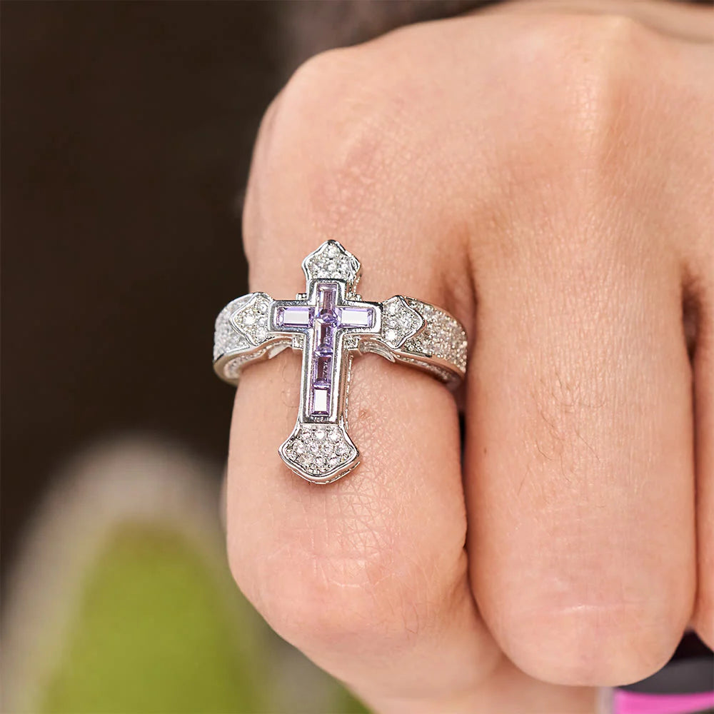 Central Cross Motif Ring with Cubic Zirconia Accents: Carry His Care in Daily Wear