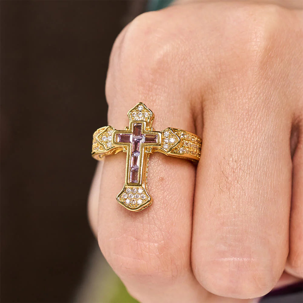 Central Cross Motif Ring with Cubic Zirconia Accents: Carry His Care in Daily Wear