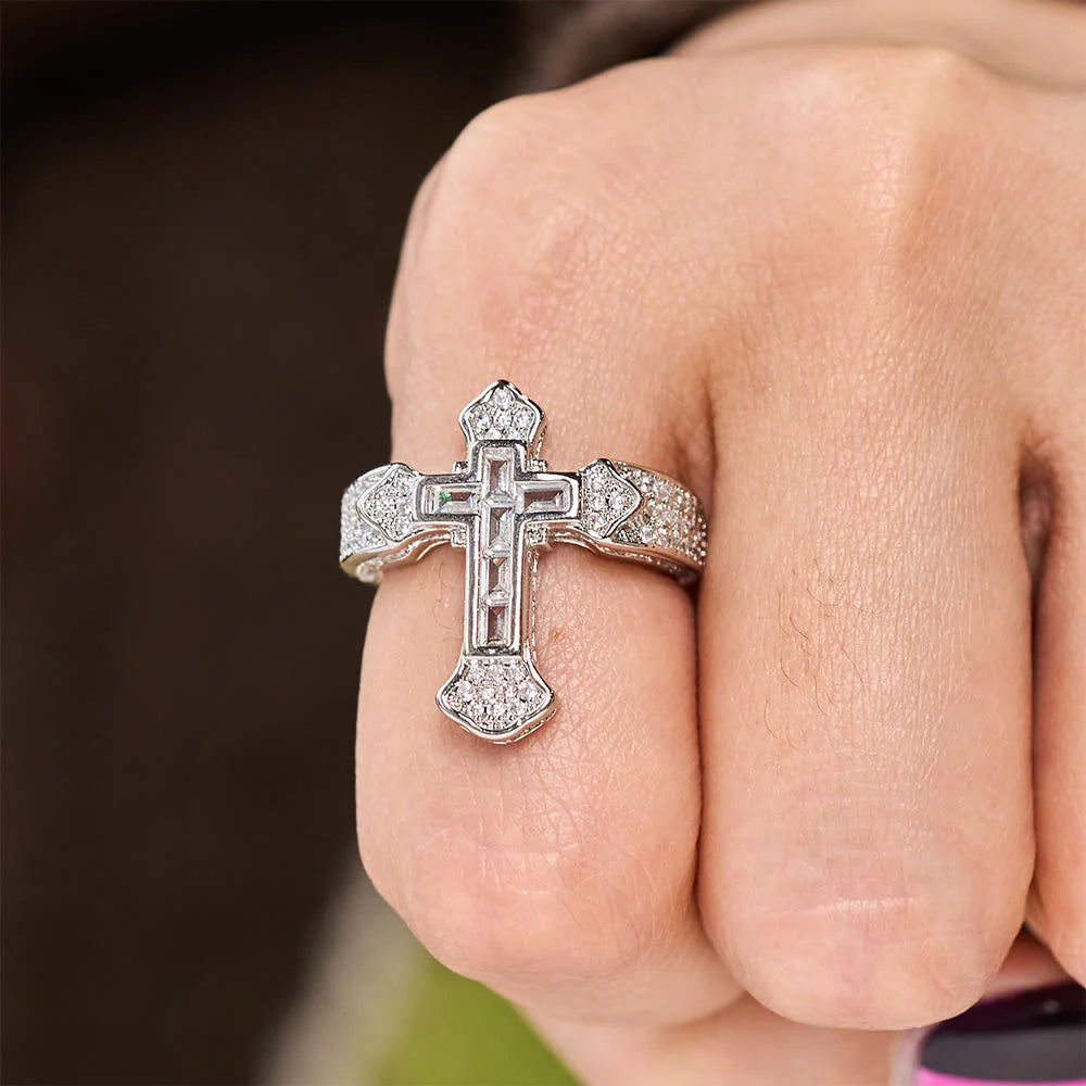 Central Cross Motif Ring with Cubic Zirconia Accents: Carry His Care in Daily Wear