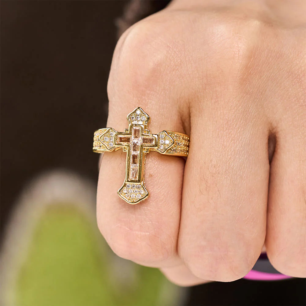 Central Cross Motif Ring with Cubic Zirconia Accents: Carry His Care in Daily Wear