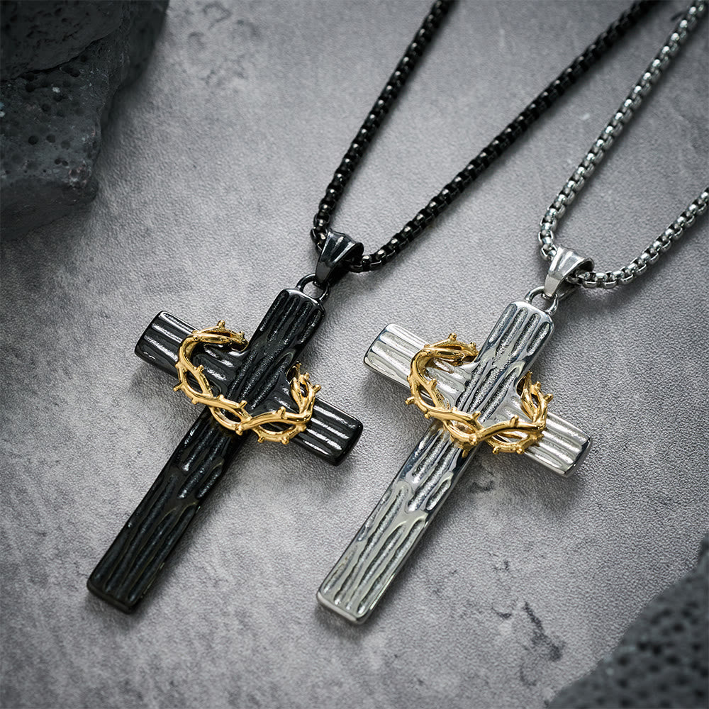 Modern Style Jesus Crown Of Thorns Cross Sacred Protection Pendant Necklace
