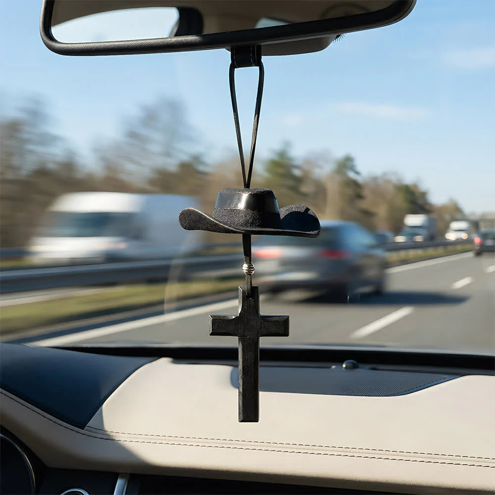 Cowboy Hat & Cross Car Pendant: Steadfast Faith for the Open Road