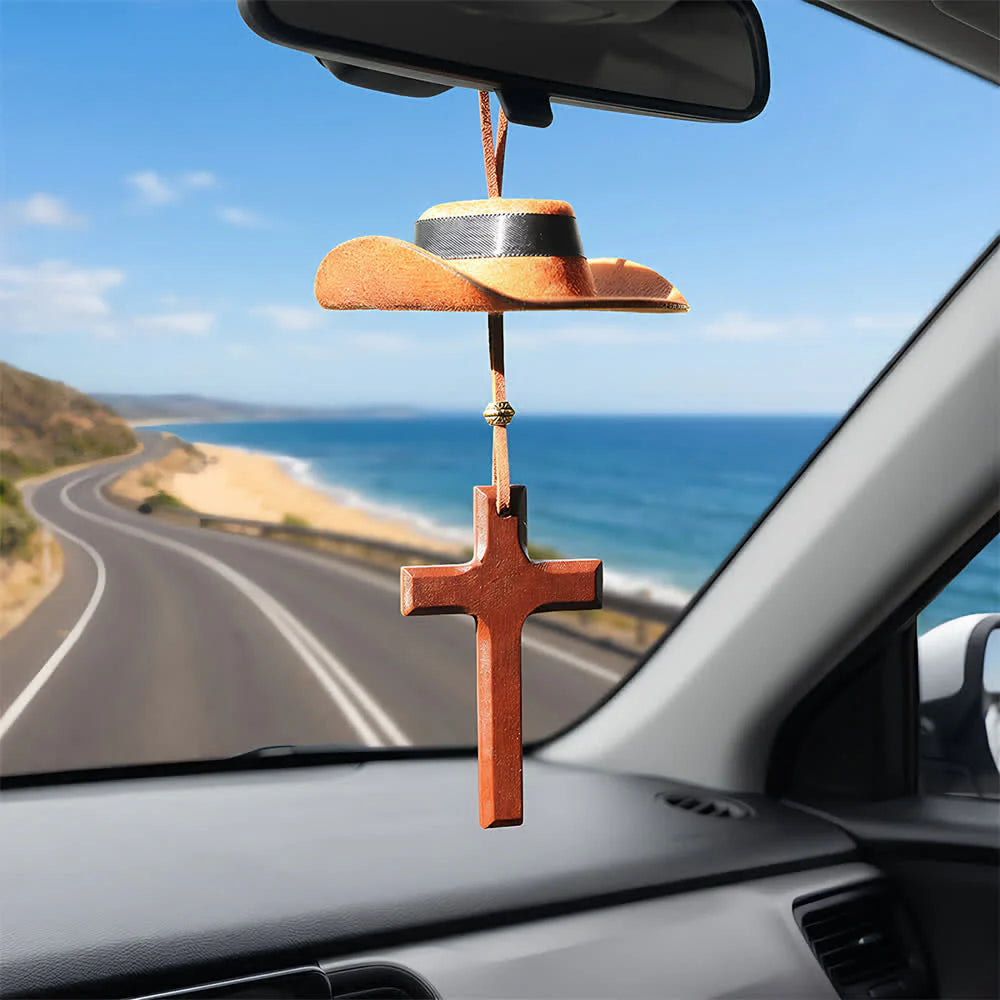 Cowboy Hat & Cross Car Pendant: Steadfast Faith for the Open Road