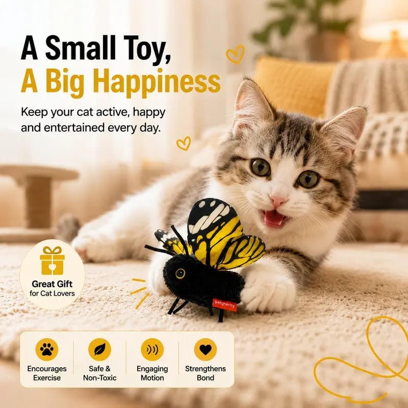 🐈Interactive Electric Butterfly Cat Toy with Fluttering Wings - USB Rechargeable Flapping Motion Kitten Toy with Door Hanging Strap & Teaser Attachment - Soft Plush Indoor Cat Exercise Toy 💖