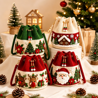🎄Hand-Knitted Christmas Crochet Bucket Bag in 4 Festive Styles for Women 🎁