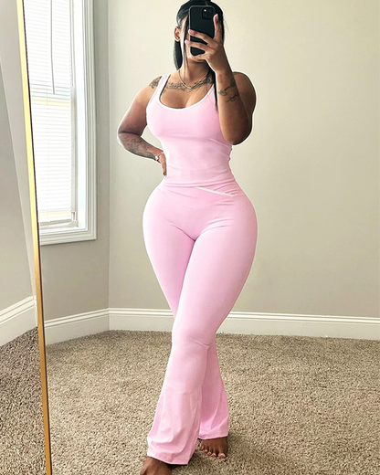 Chic Colorblock Crmon Tank and Flare Pants Lounge Sets
