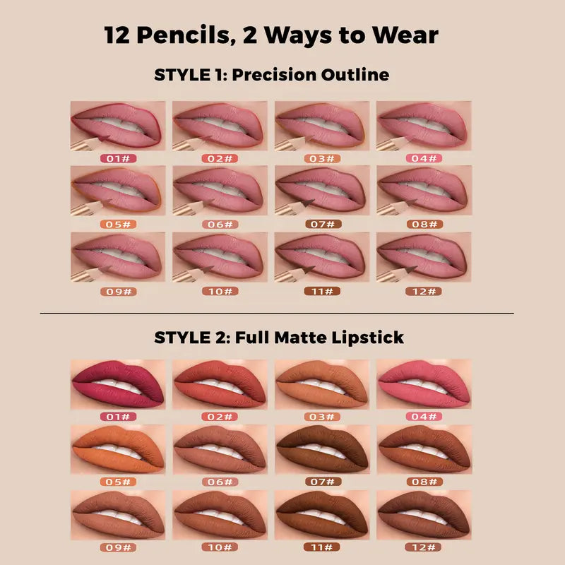 12 Pcs Matte Lip Liner Set , Blendable Lip Pencil 💋