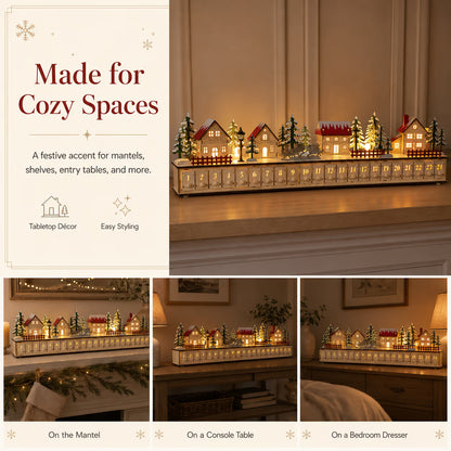 🎄 Wooden Village Advent Calendar with LED Lights — 100% Natural Polished Wood 🏠(32.68 × 7.09 × 3.54 in)
