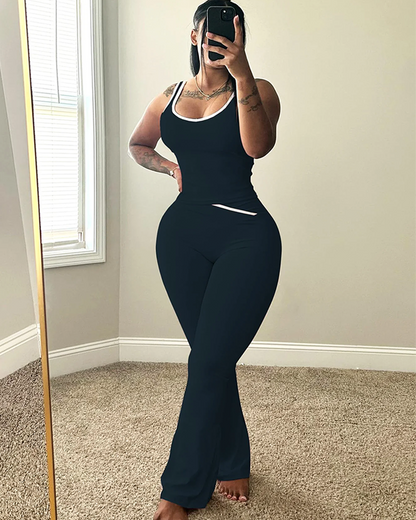 Chic Colorblock Crmon Tank and Flare Pants Lounge Sets