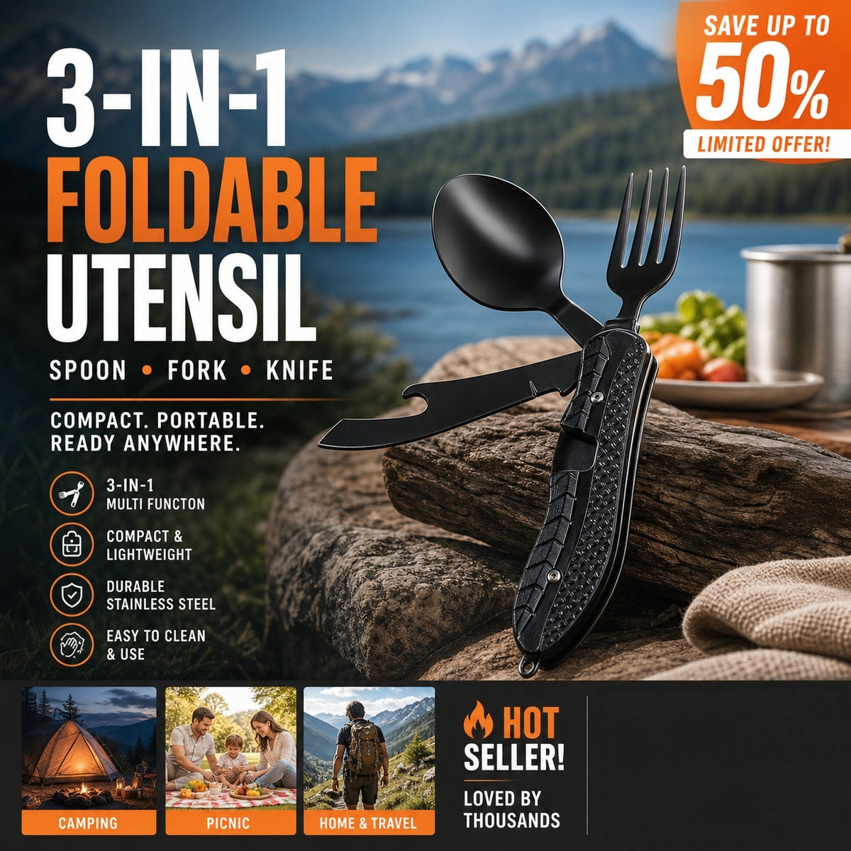 🏕️3-In-1 Outdoor Folding Multifunctional Tableware