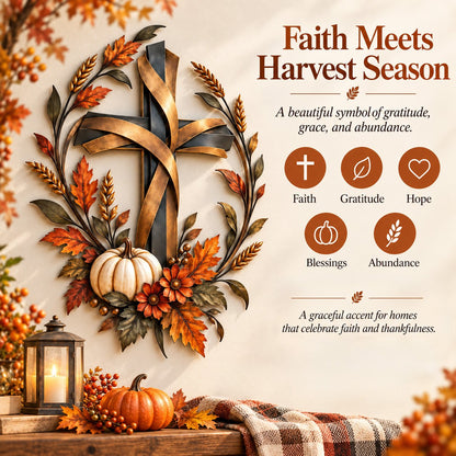 ✝️🍂 Autumn Cross & Pumpkin Harvest Metal Wall Decor