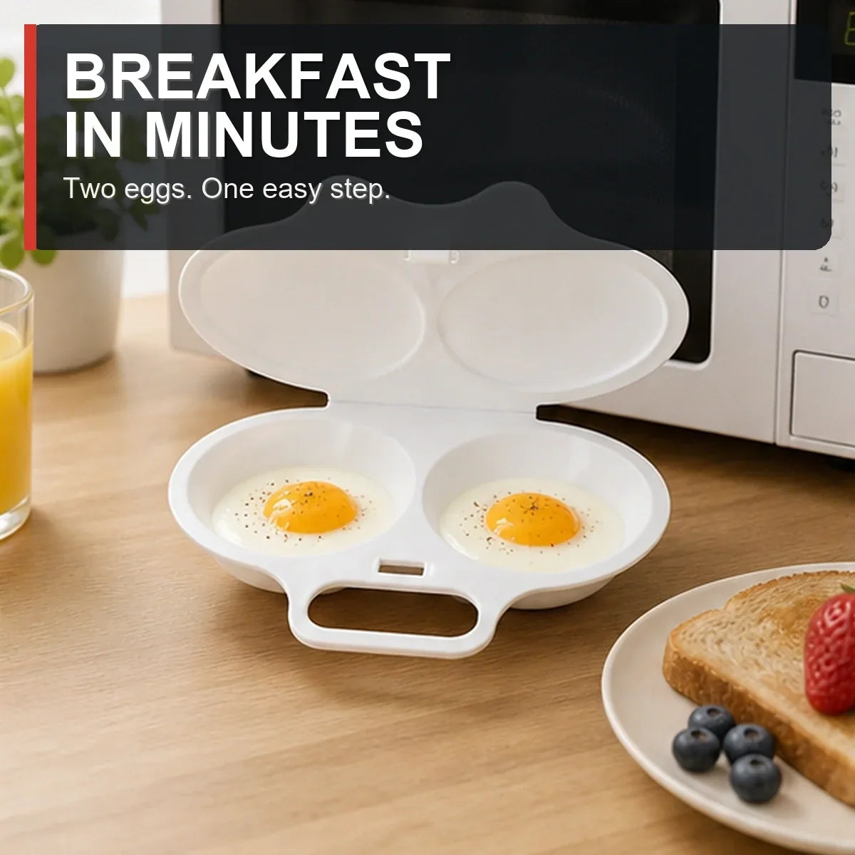 Dual-Cavity Microwave Egg Poacher — 2 Eggs, Non-Stick, Food-Grade PP